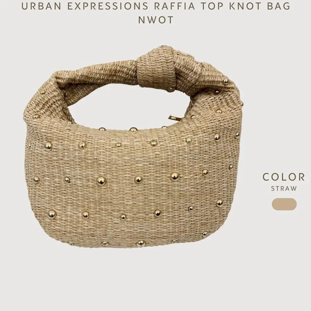 Urban Expressions Raffia Top Knot Bag Studded straw bag NWOT - Picture 2 of 7